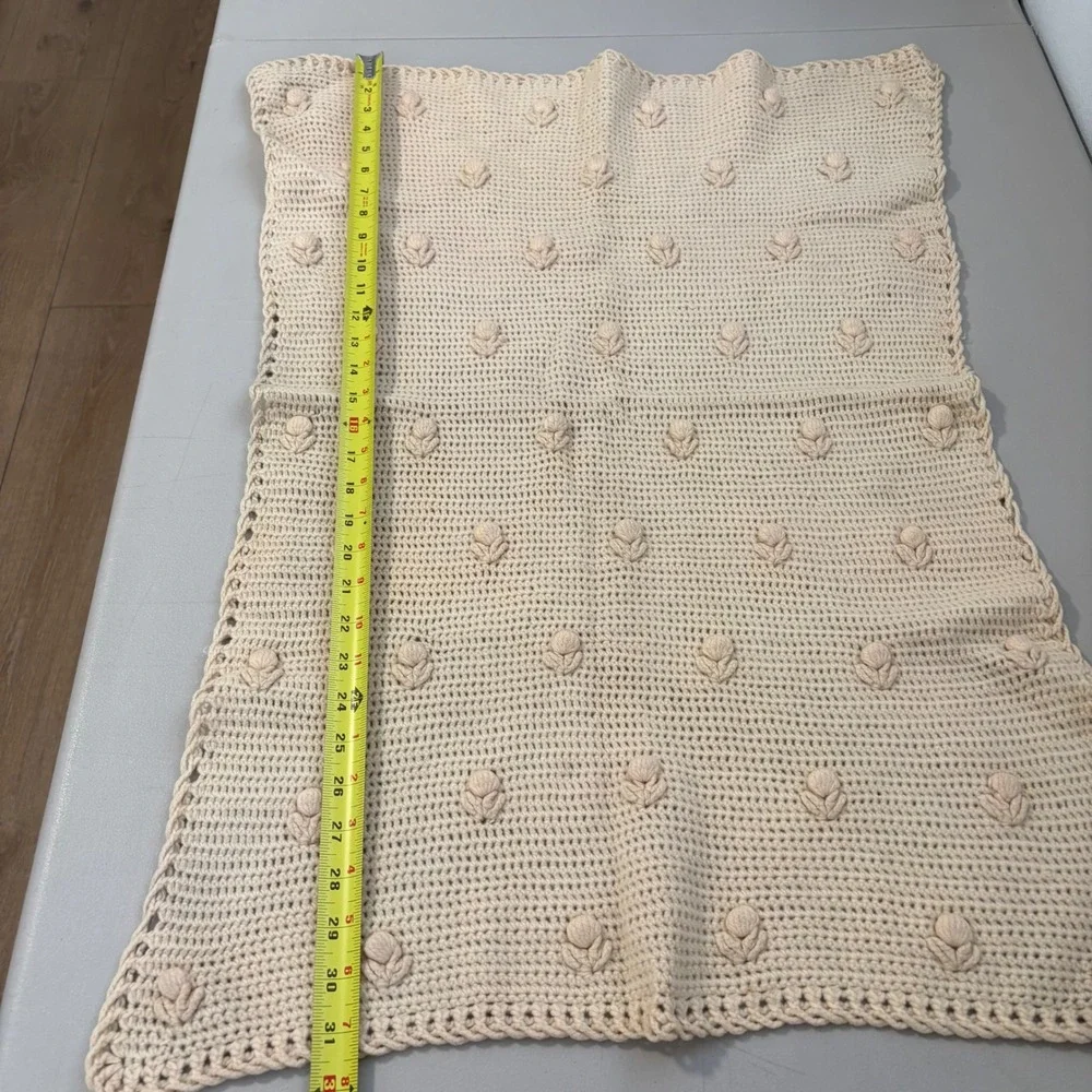 Vintage Handmade Crochet Baby Blanket Cream Floral Popcorn Stitch Nursery 31x20